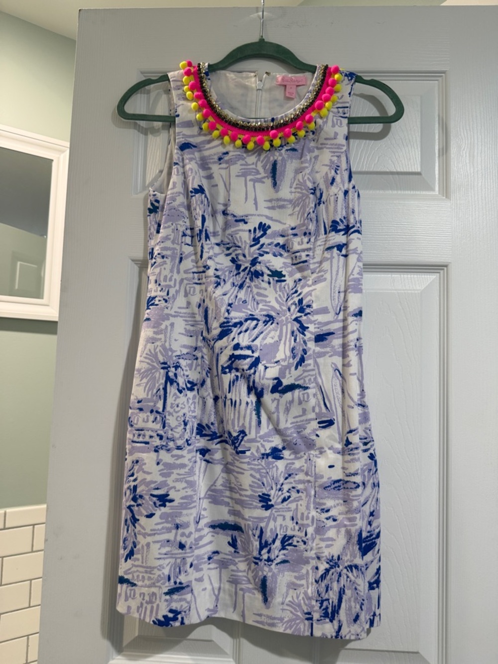 Lilly Pulitzer Blue, White and Neon Pom Bead Shift Dress